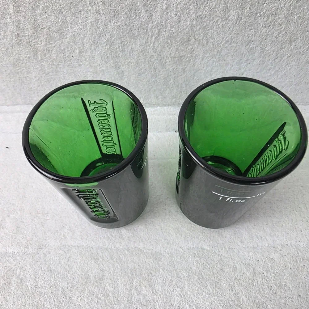 Jagermeister Green Glass Shot Glasses Set of 2 Embossed Logo 1oz Pour Line Stag